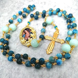 Chapelet de la Sainte Vierge de Guadalupe, perles en pierre dure d'apatite bleue