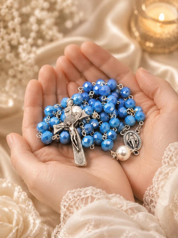 Blue Catholic Pearl Rosary Necklace, Handmade Crystal Rosary