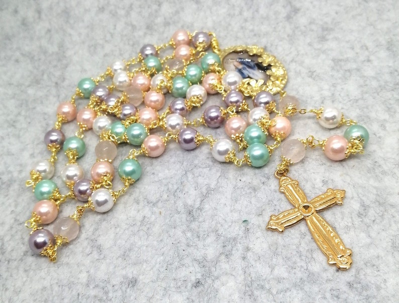 Catholic Pearls Rosary ,quartz Rosary, Colorful Rosary With Miraculous ...