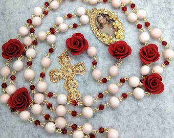 Giant Divine mercy Rosary chaplet with red crystals and white polymer clay beads, divine mercy chaplet