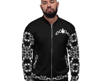 May include: Black bomber jacket with white floral patterned sleeves and a white geometric design on the chest. The jacket has a full-length zipper and a ribbed hem and cuffs.