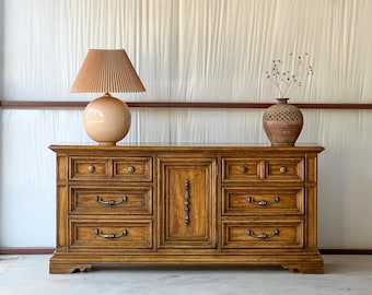 Vintage Midcentury Modern Solid Oak Spanish Mediterranean Lowboy Dresser by Stanley Furniture