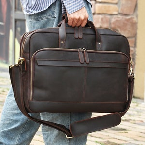 18“ Personalized Leather Briefcase, Genuine Leather Messenger Bag, School Office Bag, Laptop Bag, Shoulder Bag, Best Gift