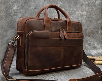 Vintage personalized Leather Briefcase, Messenger Bag Full Grain leather Handbag School Office Laptop Bag Shoulder Bag Best Gift