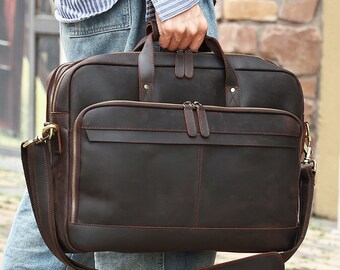 18“ Personalized Leather Briefcase, Genuine Leather Messenger Bag, School Office Bag, Laptop Bag, Shoulder Bag, Best Gift