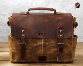 Personalized Waxed Canvas Briefcase, Canvas Messenger Bag, Full Grain Leather bag, Laptop Bag, Crossbody Bag, Best Gift