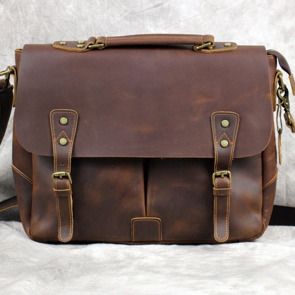 Personilized Leather Messenger Bag, Leather Briefcase, Full Grain Leather Satchel, Leather Laptop Bag, Crossbody Shoulder Bag, Best Gift