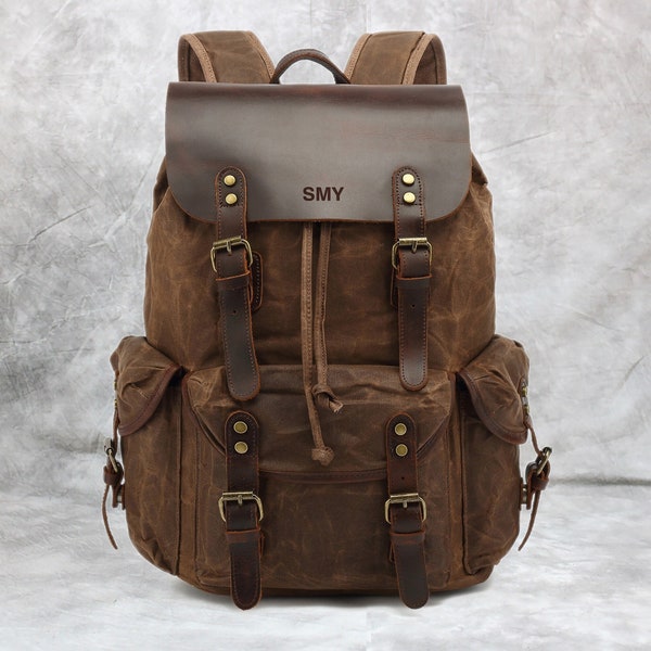Personalized Waxed Canvas Backpack, Outdoor Rucksack, Canvas Travel Knapsack, Laptop Backpack Hiking Camping Backpack, Best gift