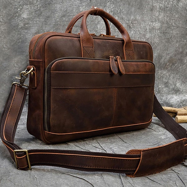 Vintage personalisierte Leder Aktentasche, Messenger Bag Vollnarbenleder Handtasche Schule Büro Laptoptasche Schultertasche bestes Geschenk