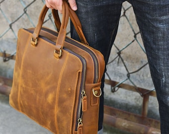 16&quot; Personilized Leather Briefcase, Leather Messenger Bag, School office Laptop Bag, Shoulder Bag, Full Grain Leather, Best Gift