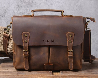 Free Customize Engrave Letters or Initials on 20 Super Large Full Grain Leather Briefcase Laptop Bag LB08