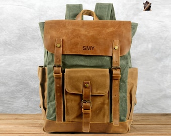 17“ Personalized Waxed Canvas Backpack, Outdoor Rucksack, Canvas Travel Knapsack, Laptop Backpack Hiking Camping Backpack, Best gift