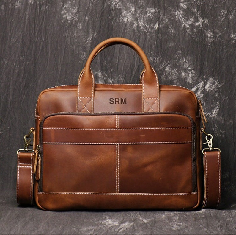 Personalized 16 Leather Briefcase Leather Messenger Bag Vintage Brown