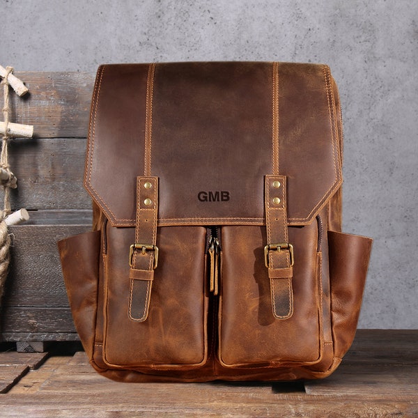 17" Personalized Leather Backpack, Full Grain Leather Rucksack, Laptop Backpack, Travel Backpack, School Office Backpack, Best Gift