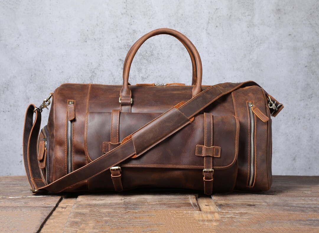 23 Leather Duffel Bag, Personalized Leather Travel Bag, Leather Weekend