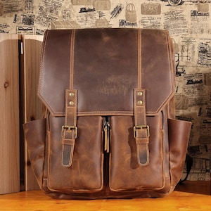 Personalized Full Grain Leather Backpack: Laptop Travel Rucksack