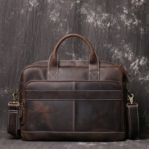 Personalized 16 Leather Briefcase Leather Messenger Bag Dark Coffee