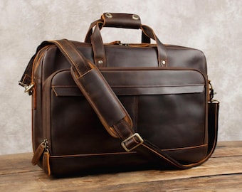 18“ Personalized Leather Briefcase, Premium Cowhide Leather Briefcase Laptop Bag Messenger Bag, For Business College or Traveling, Best Gift