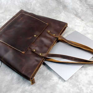 Personalized Full Grain Leather Tote Bag: Large Capacity Laptop Handbag
