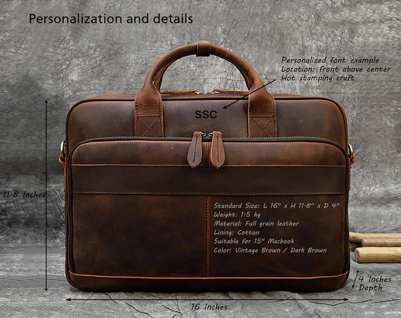 Vintage personalisierte Leder Aktentasche, Messenger Bag Vollnarbenleder Handtasche Schule Büro Laptoptasche Schultertasche bestes Geschenk Bild 2