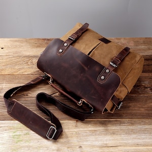 Maletín de lona encerado personalizado, bolso mensajero de lona, bolso de cuero de grano completo, bolso para computadora portátil, bolso bandolera, mejor regalo
