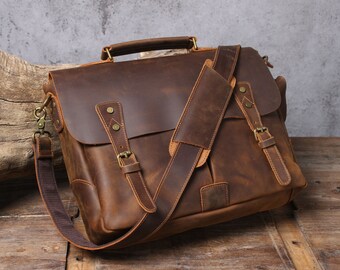 Personilized Leather Briefcase, Leather Messenger Bag, Full Grain Leather Satchel, Leather Laptop Bag, Corssbody Shoulder Bag, Gift