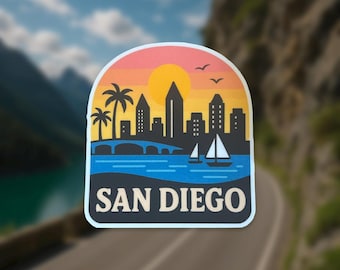 Retro San Diego Sticker |California Skyline| Sunset | Ocean Scene | Waterproof Vinyl Decal| Tourist| Travel | Water Bottle Stickers