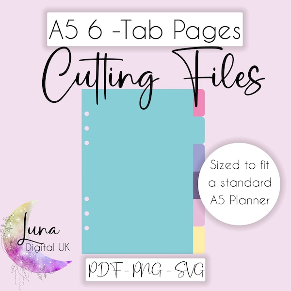 A5 planner divider SVG cut file 6 tabbed pages, A5 side tabbed divider, side page tab dividers with 6 holes, planner cutting file for cricut