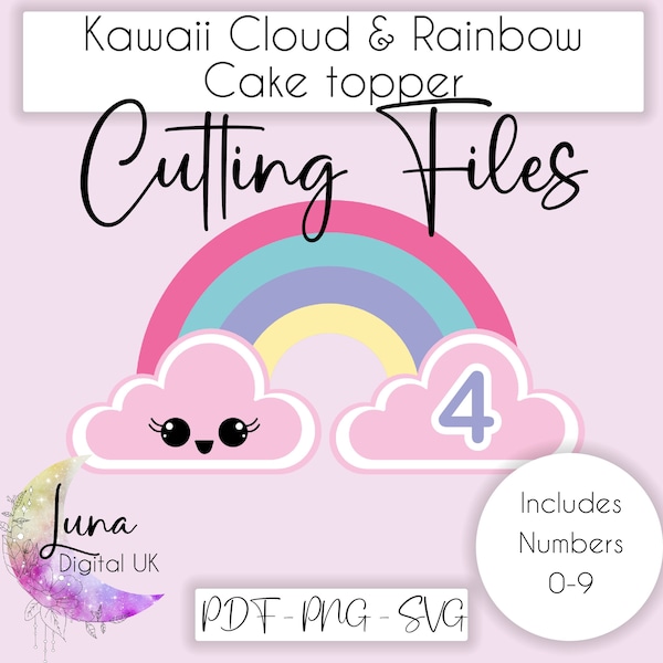 Cute Kawaii Pastel Cloud Cake topper SVG, Kawaii Rainbow & cloud Card topper layered cut file for Cricut, Cake topper with Numbers