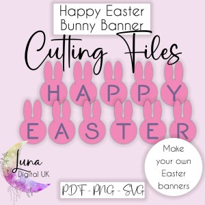Frohe Ostern Bunny Banner SVG, schneiden Sie Ihre eigene Ostergirlande, Kaninchenförmige Wimpelkette, Vintage Bannerdesign