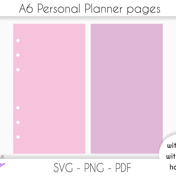 A6 Personal planner pagina SVG file di taglio per cricut, A6 anello rilegato planner svg png pdf, download istantaneo, con o senza fori