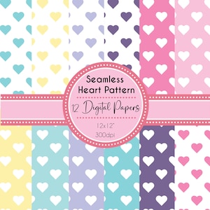 12 Pastel Heart digital papers, digital scrapbook paper pack, Cute Pastel heart patterned paper, instant download