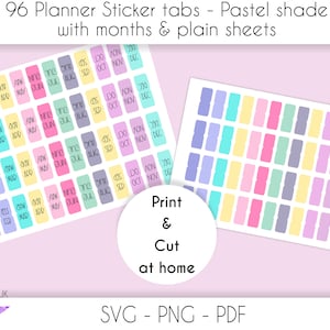 Naklejki do wydrukowania w formacie PNG SVG PDF do natychmiastowego pobrania, etykiety na zakładki miesięczne do niedatowanego planera lub pamiętnika, naklejki w kolorze pastelowym