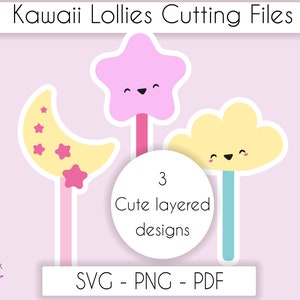Niedliches Kawaii Lollies SVG Bundle, 3 Pastell Kawaii Gesicht Lolly SVG, Layered svg Schnittdatei für Cricut, Kawaii Card Topper SVG png pdf