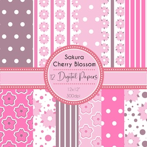 12 papeles digitales Sakura Cherry Blossom, paquete de papel de álbum de recortes digital de flor de cerezo, descarga instantánea JPEG de papel digital Kawaii