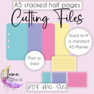 A5 half page stacked Planner pages SVG cutting files, with or without lines, Half page index cards cut files for cricut, pages with holes