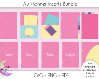 A5 planner SVG Bundle, 10 designs, cut file for cricut, 6 hole planner Dashboard svg png pdf, svg planner, digital planner cut files