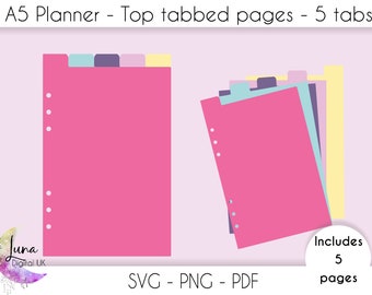 A5 tabbed dividers for planners, A5 top tabs 5 tab dividers with holes cutting file for cricut, SVG files for cutting, PDF PNG files