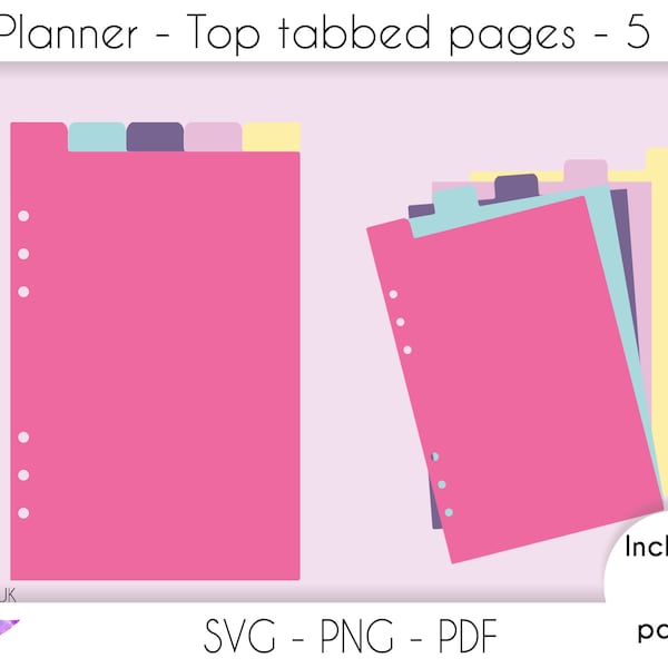 A5 tabbed dividers for planners, A5 top tabs 5 tab dividers with holes cutting file for cricut, SVG files for cutting, PDF PNG files