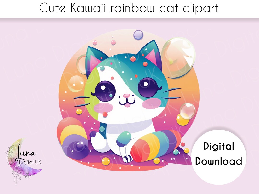Cute Kawaii Cat Clipart PNG File, Rainbow Kitty Kawaii Cat Graphic Cute ...