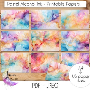 Pastel ink printable papers, junk journal background inky printable digital paper pack, 10 pages instant download for scrapbooking & crafts