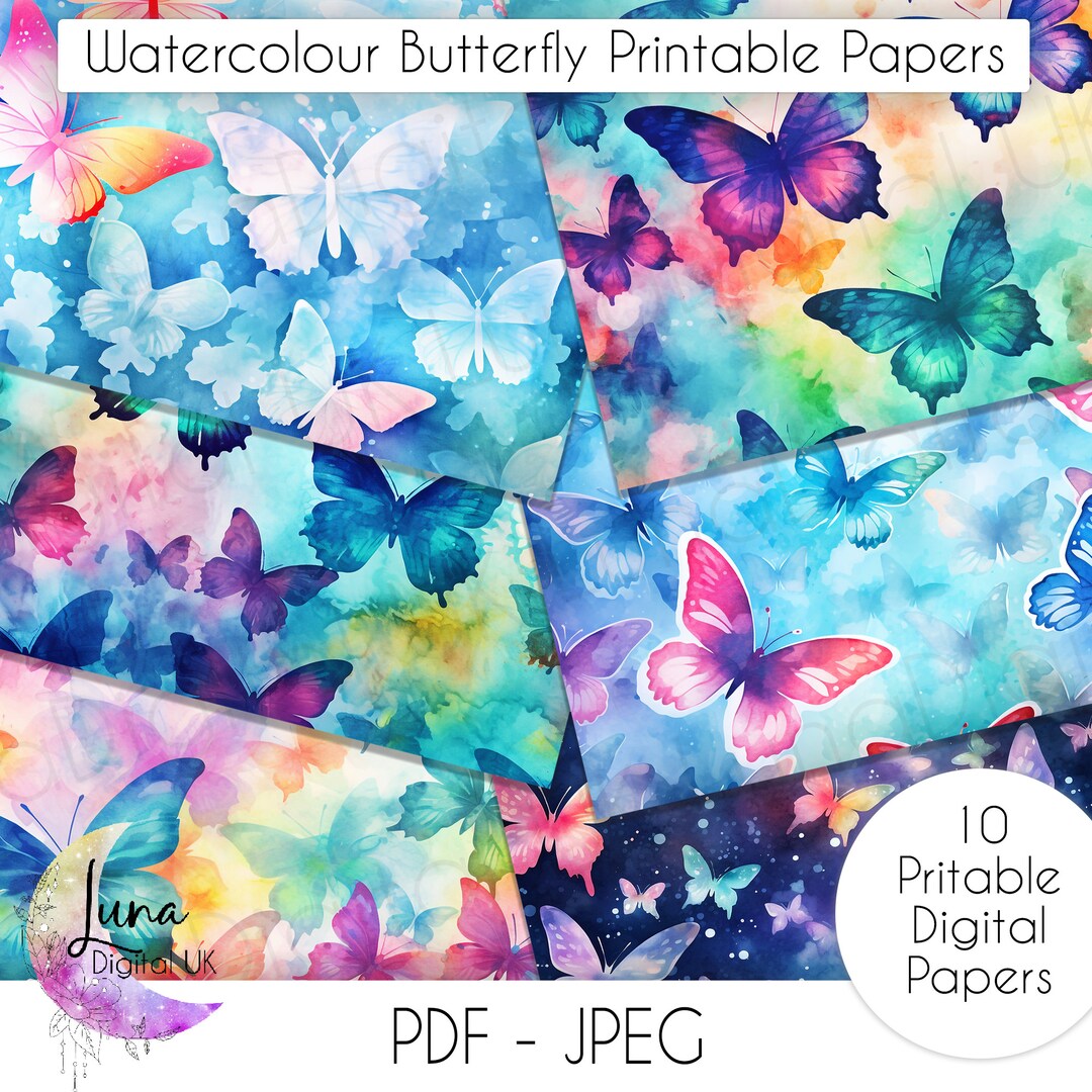 Watercolour Butterfly Printable Papers, Junk Journal Background Digital ...