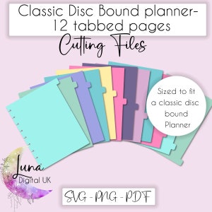 Arquivo de corte SVG do planejador encadernado em disco clássico para cricut, 12 páginas com guias laterais para o planejador de disco Páginas com guias do planejador DIY SVG download instantâneo