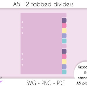 Divisori a schede A5 per pianificatori, divisori a schede laterali A5 12 con file di taglio fori per cricut, file SVG per il taglio, file PNG PDF