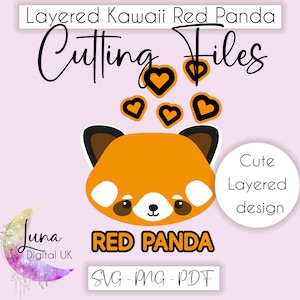 Rode Panda SVG, schattige Kawaii rode Panda SVG, Kawaii kaart topper, gelaagde SVG gesneden bestand voor Cricut, schattige rode panda SVG met strik