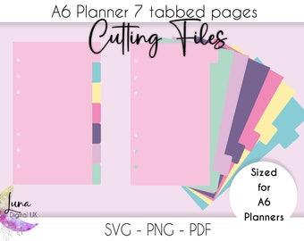 A6 Personal planner SVG tabbed pages, 7 tabbed pages SVG for cricut, A6 ring bound planner SVG with our without holes, instant download