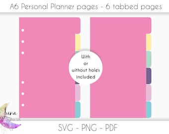 A6 Personal planner SVG tabbed pages, 6 tabbed pages SVG for cricut, A6 ring bound planner SVG with our without holes, instant download