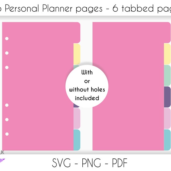 A6 Personal planner SVG tabbed pages, 6 tabbed pages SVG for cricut, A6 ring bound planner SVG with our without holes, instant download