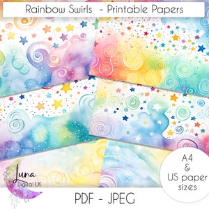 Schattig aquarel regenboog wervelingen printbaar papier, junk journal achtergrond printbaar digitaal papierpakket, sterren & swirl print achtergrondpapier