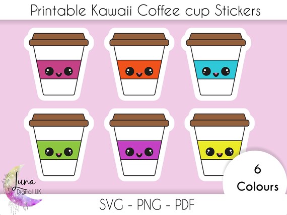 Cute coffee mugs printable stickers. PNG, JPG.
